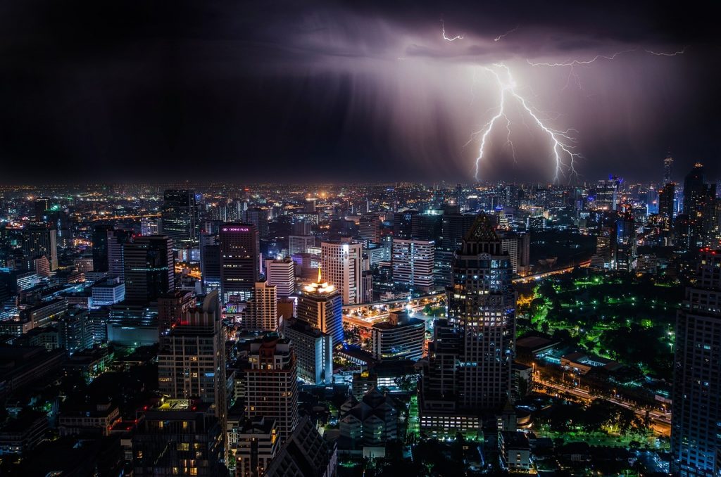 Thunderstorm at night over a city