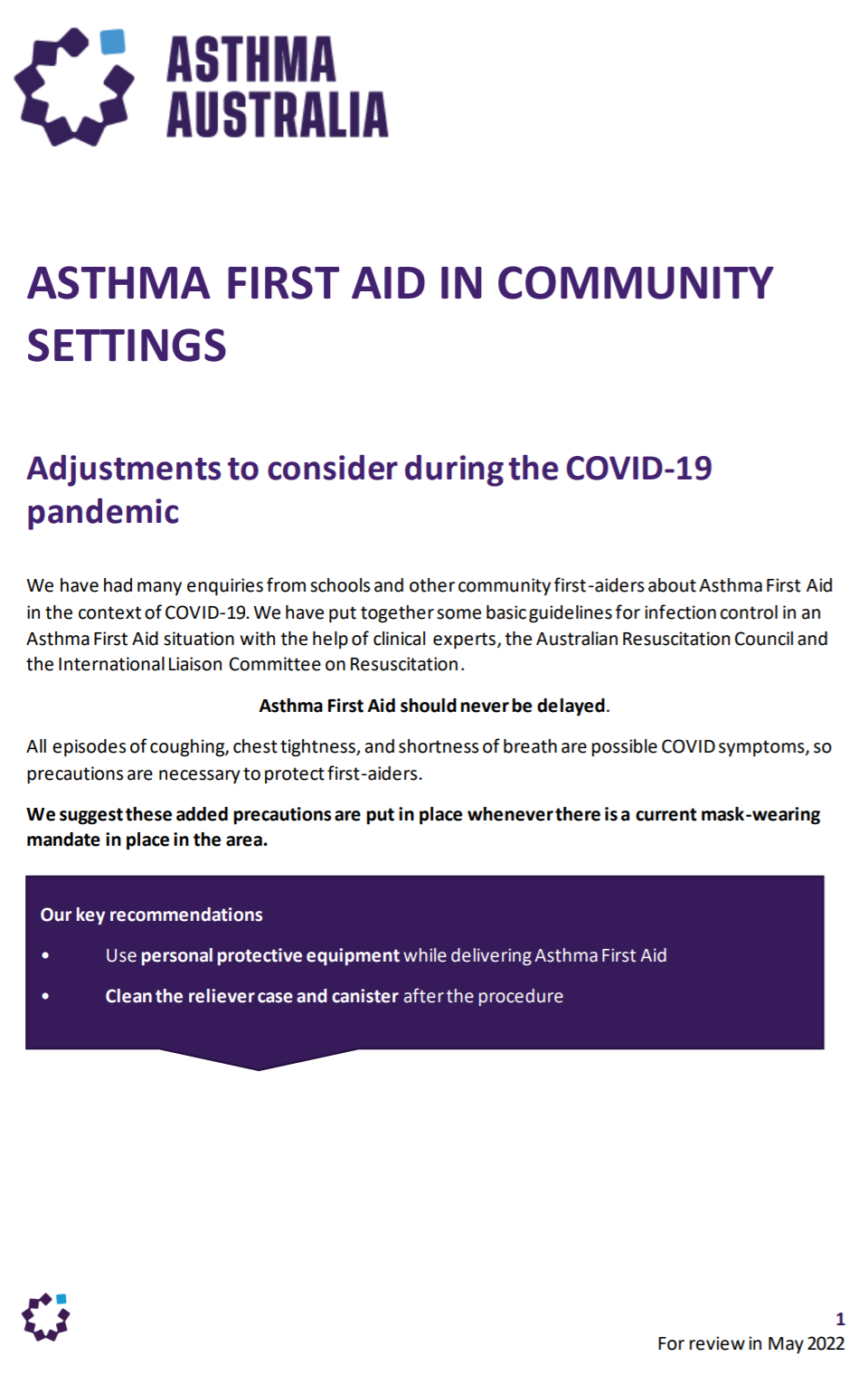Asthma First Aid during COVID Asthma First Aid - Adjustments during COVID