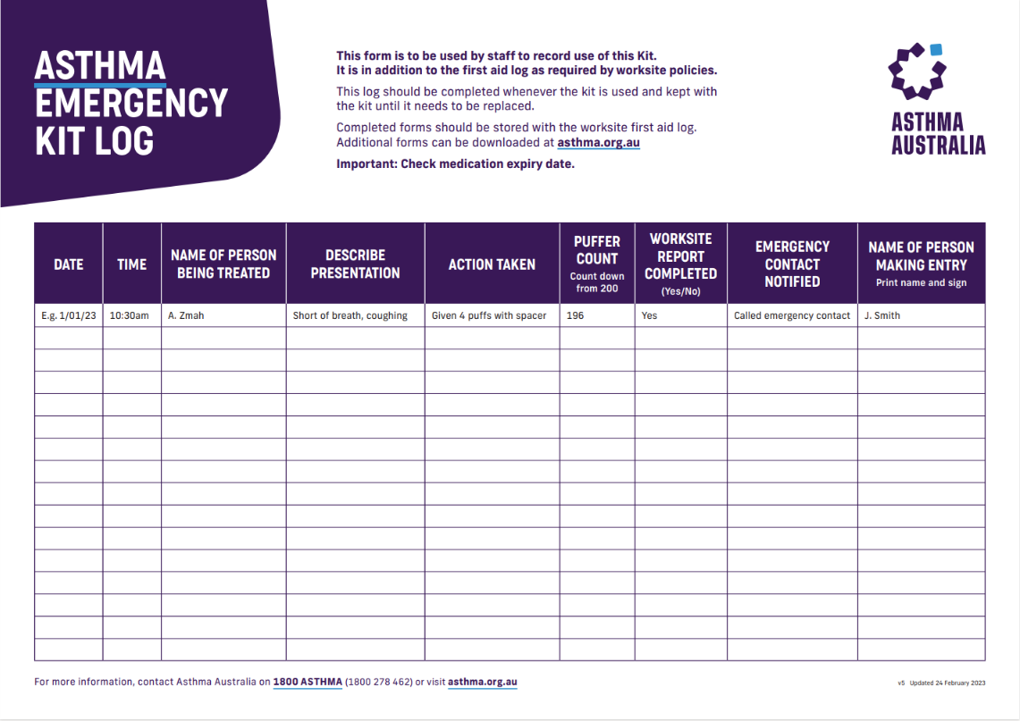 Asthma emergency kit log thumbnail Asthma Emergency Kit Log