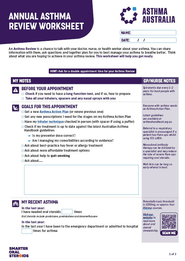Annual Asthma Review Worksheet Provided by Asthma Australia