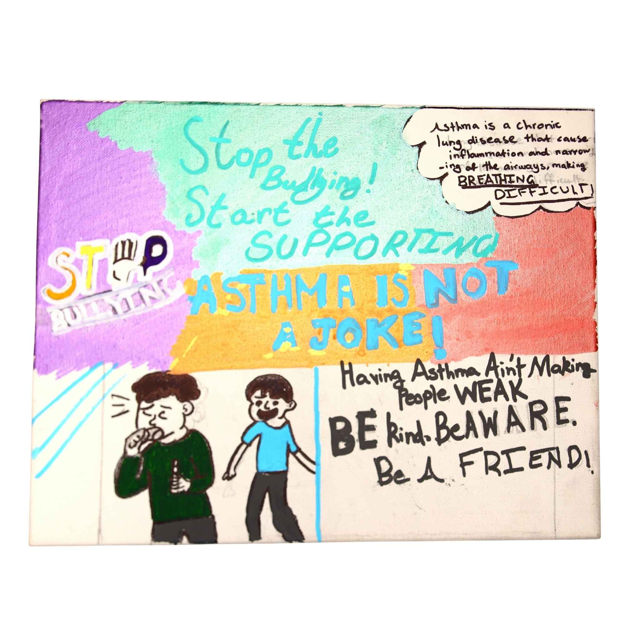 Asthma is not a joke: We aimed to discuss the aspect of bullying when it comes to people having asthma. It emphasises the need of stopping bullying in every school.